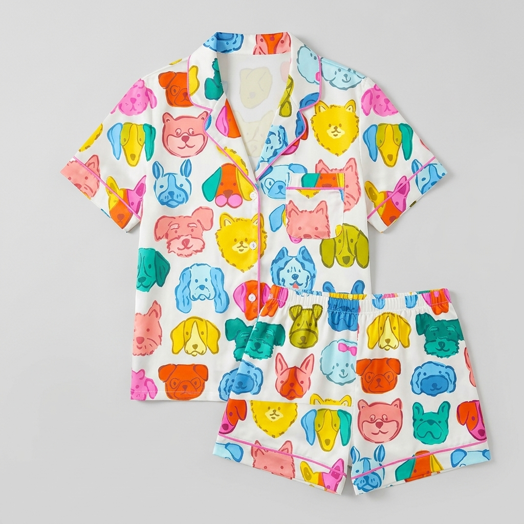 Women's satin pajama set with cartoon dog faces in hot pink, yellow, turquoise, orange and lime on white - flat lay