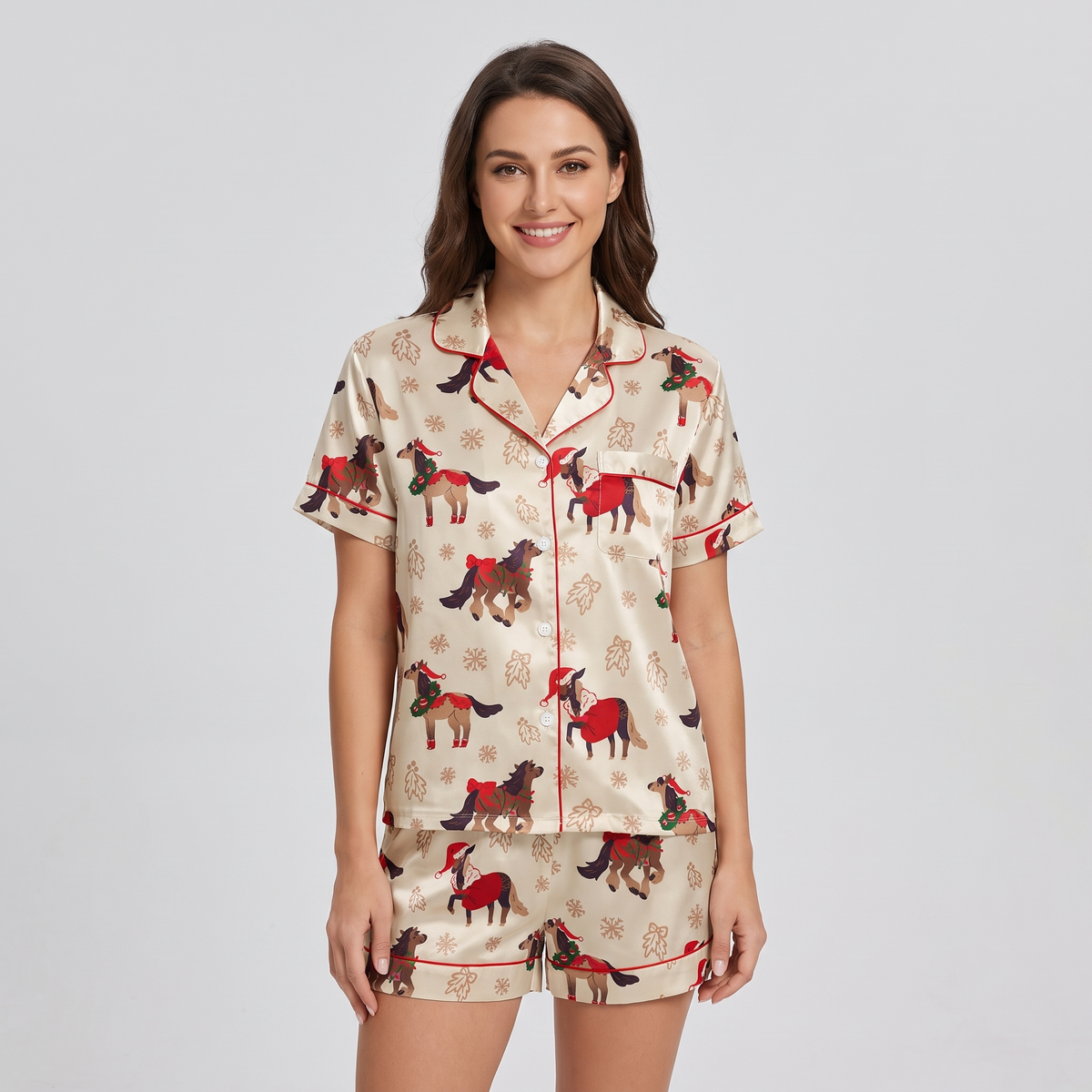 Retro Christmas Ponies Women's Pajama Set - short sleeve and shorts