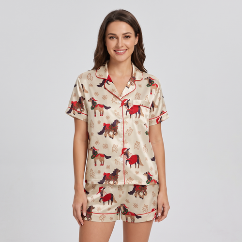 Retro Christmas Ponies Women's Pajama Set - short sleeve and shorts