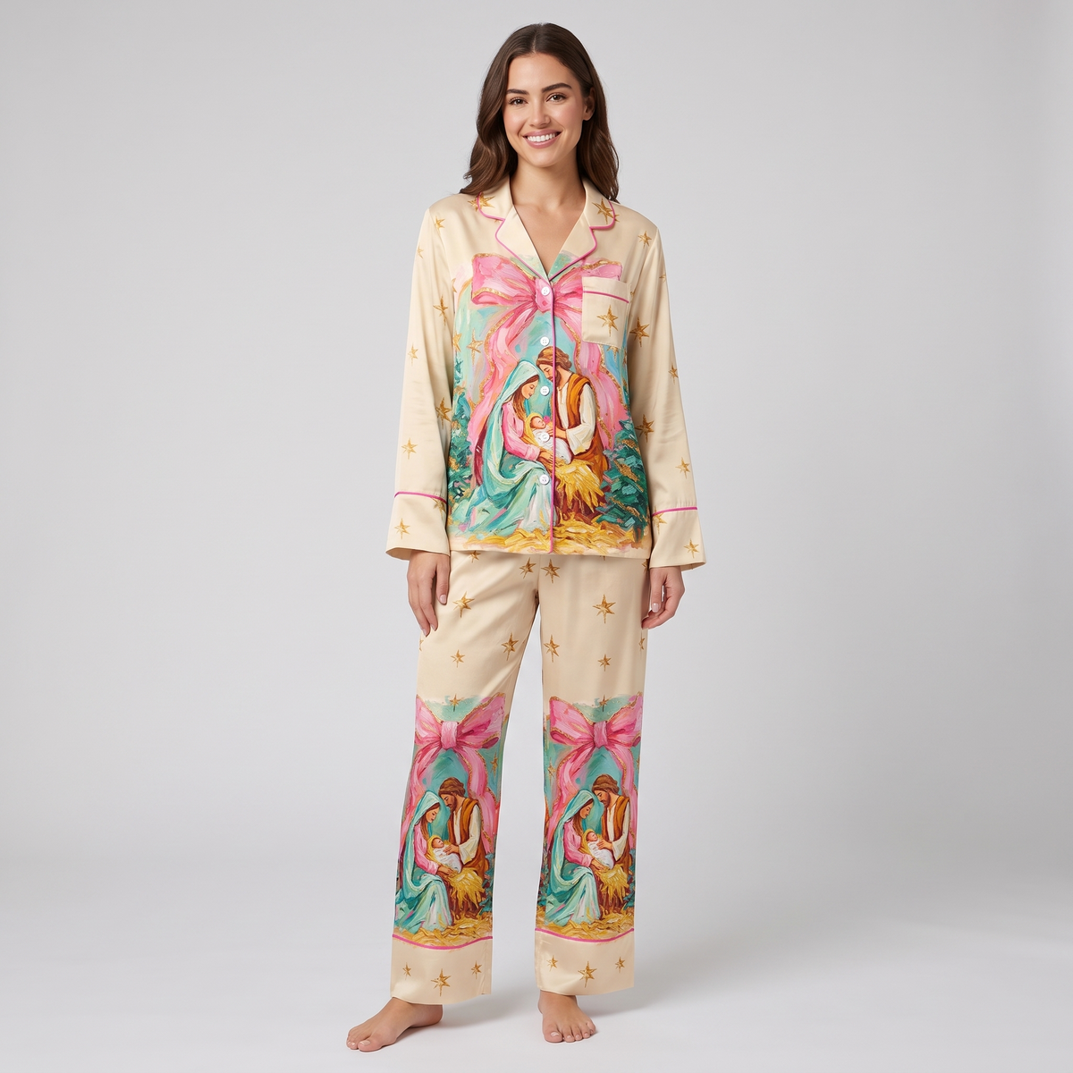Pink & Mint Nativity Women's Pajama Set - long sleeve and pants