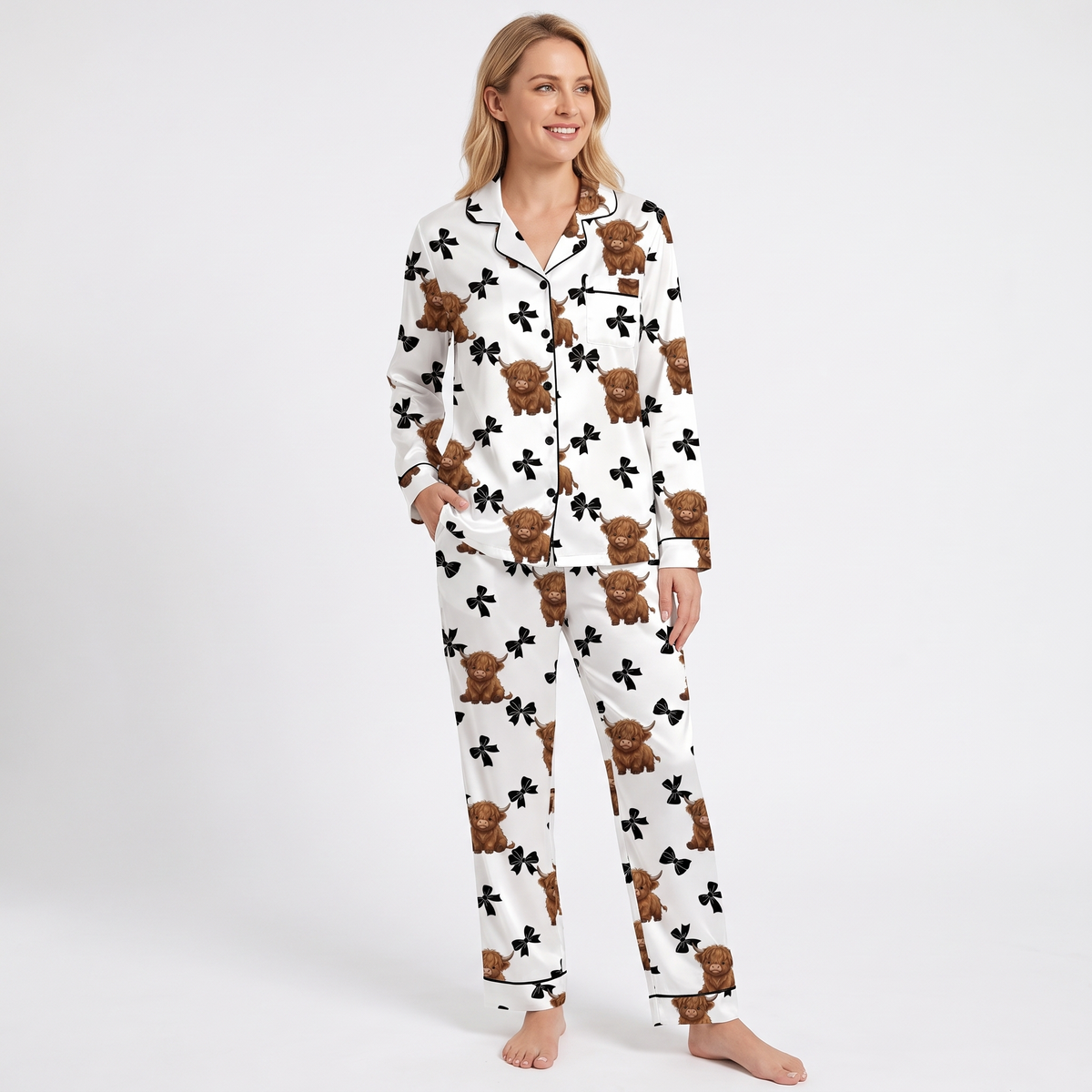 Highland Cows & Bows Women's Pajama Set - long sleeve and pants