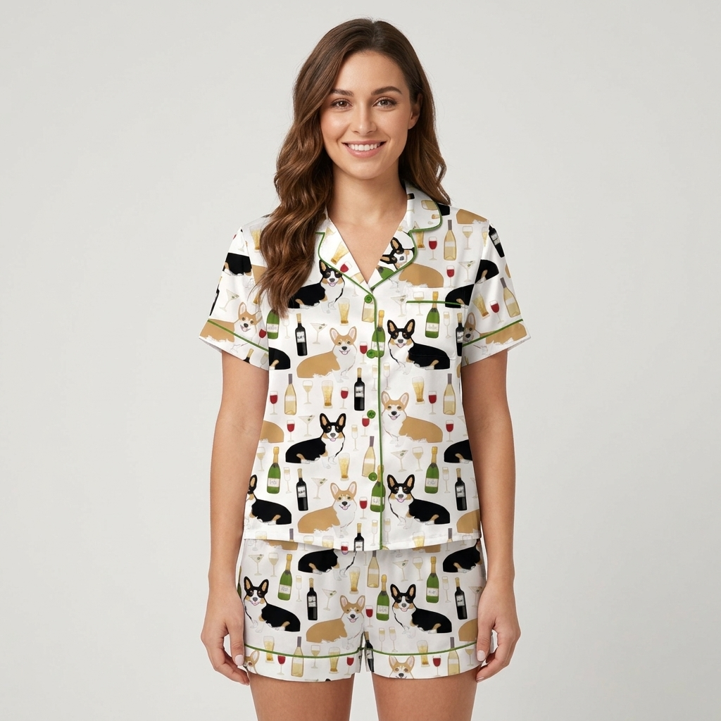 Women's satin pajama set with Pembroke corgis, wine bottles, flutes and goblets on white with green trim - short sleeve and shorts