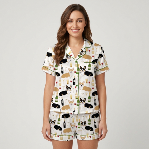 Women's satin pajama set with Pembroke corgis, wine bottles, flutes and goblets on white with green trim - short sleeve and shorts