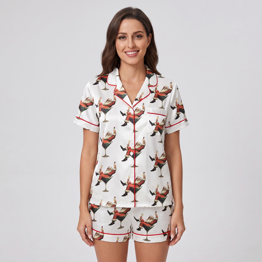 Santa In A Martini Glass Women's Pajama Set - short sleeve and shorts