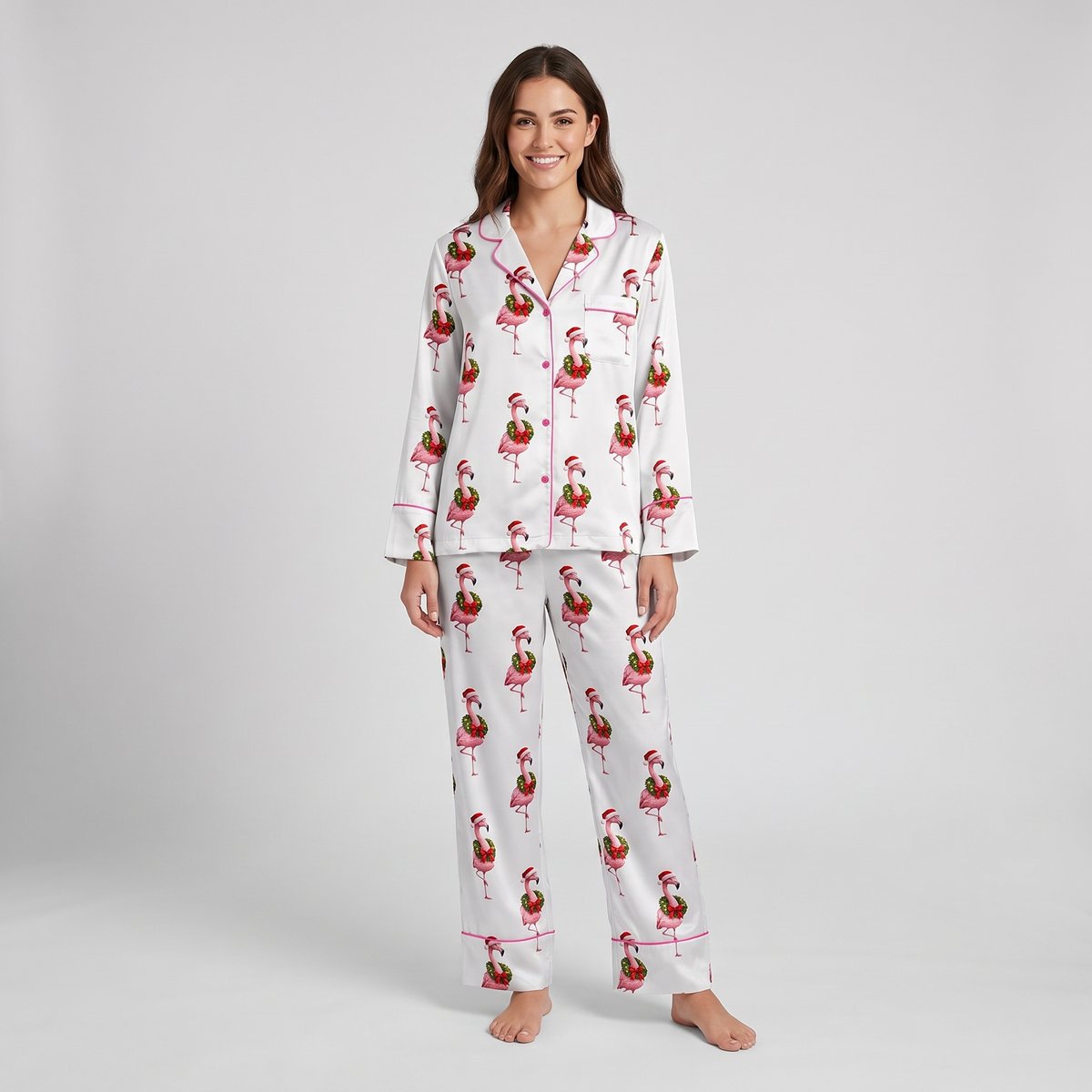 Pink Flamingo Wreaths Women's Pajama Set - long sleeve and pants