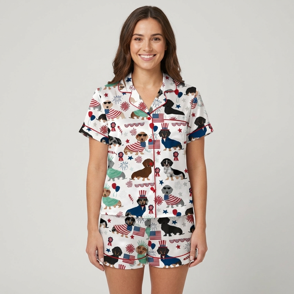 Women's satin pajama set with dachshunds in flag capes and Liberty crowns beside fireworks and stars on white - short sleeve and shorts