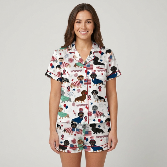 Women's satin pajama set with dachshunds in flag capes and Liberty crowns beside fireworks and stars on white - short sleeve and shorts