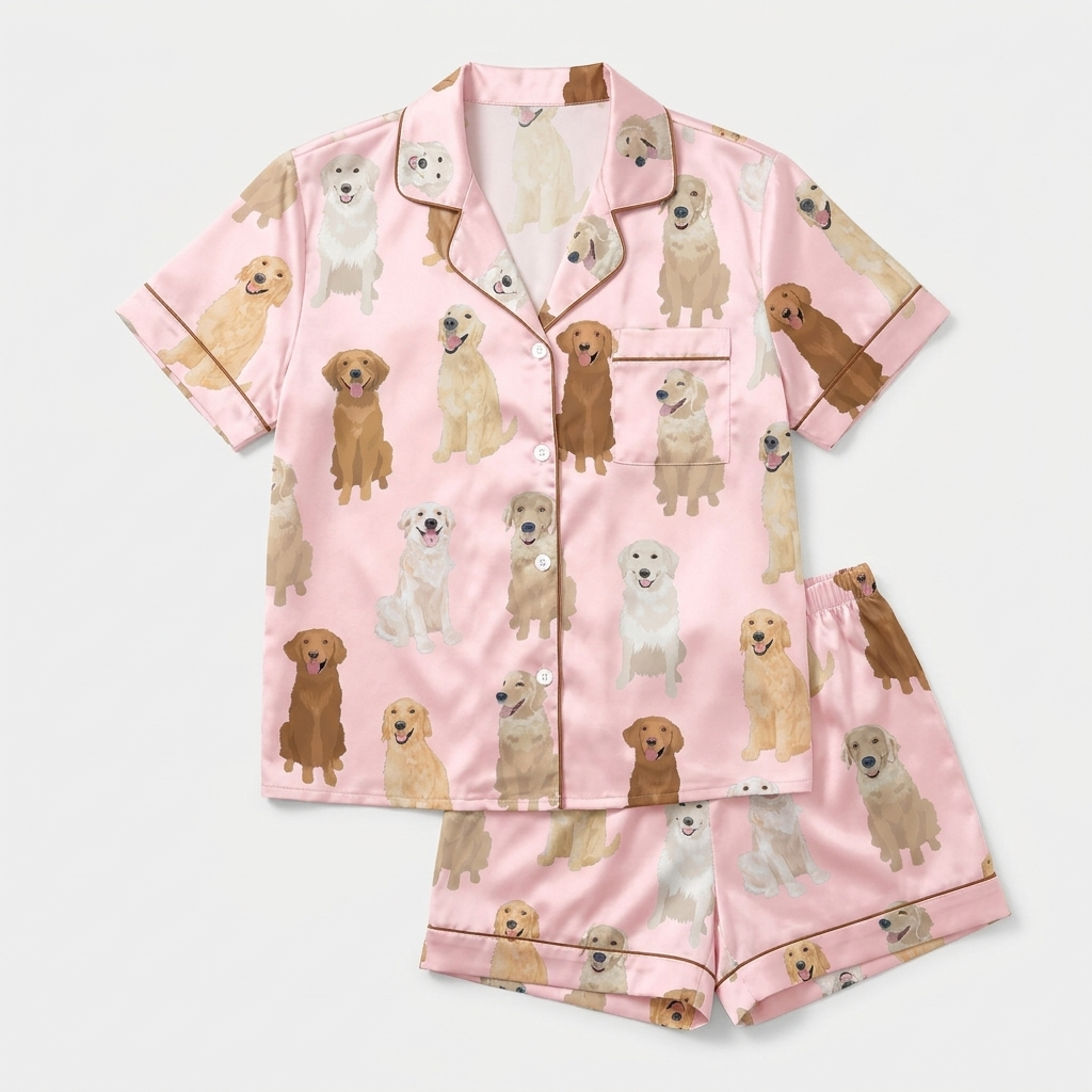 Women's satin pajama set with golden retrievers from cream to deep gold on bubblegum pink - flat lay