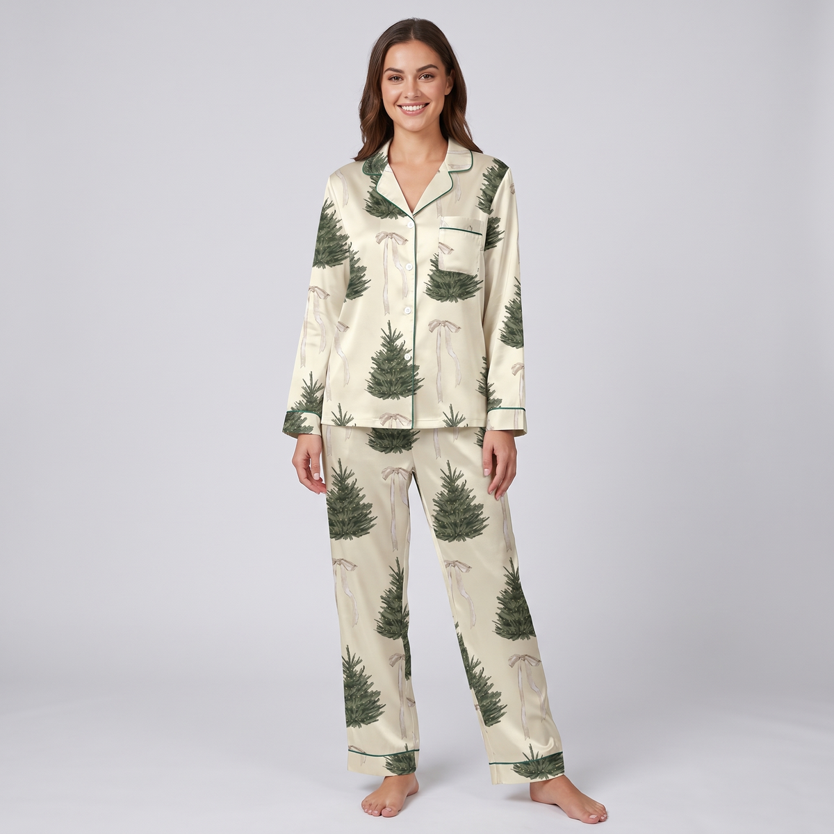 Evergreen & Cream Women's Pajama Set - long sleeve and pants