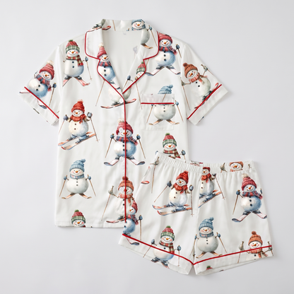 Snowmen On Skis Women's Pajama Set - flat lay
