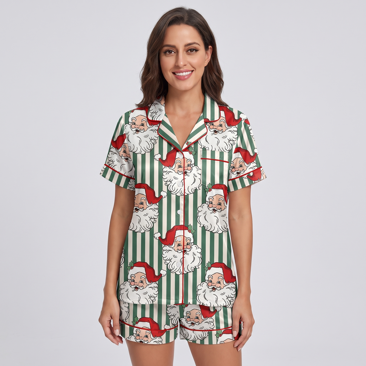 Green Stripe Santa Women's Pajama Set - short sleeve and shorts