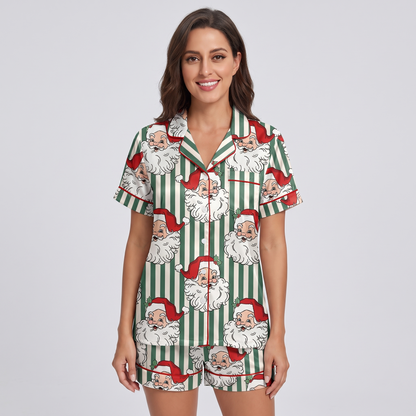 Green Stripe Santa Women's Pajama Set - short sleeve and shorts