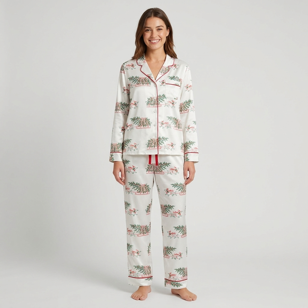 Women's satin pajama set with sketched dachshunds pulling sleighs under pine garlands on white - long sleeve and pants