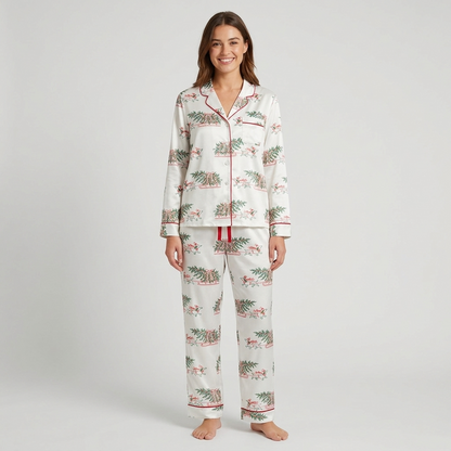 Women's satin pajama set with sketched dachshunds pulling sleighs under pine garlands on white - long sleeve and pants