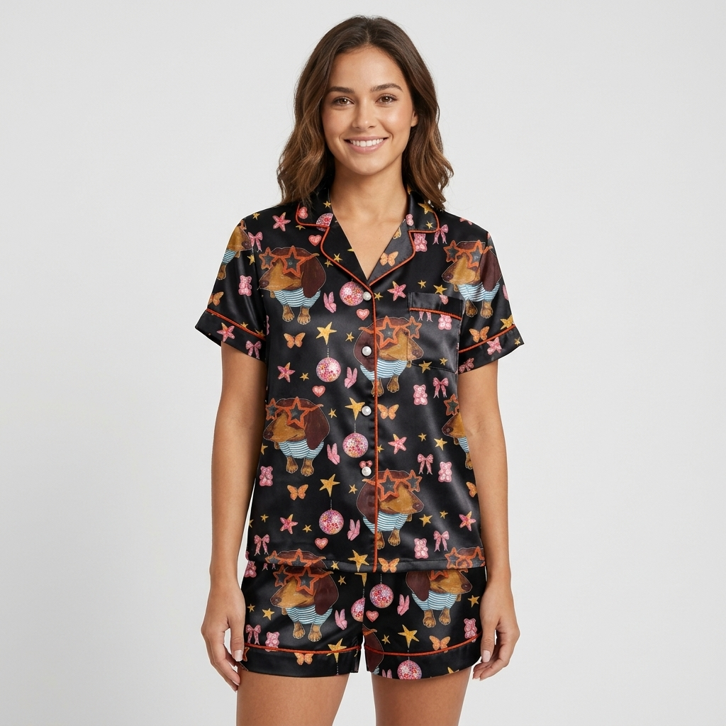 Sunglasses Dachshund Bows Women's Pajama Set - Black short sleeve and shorts