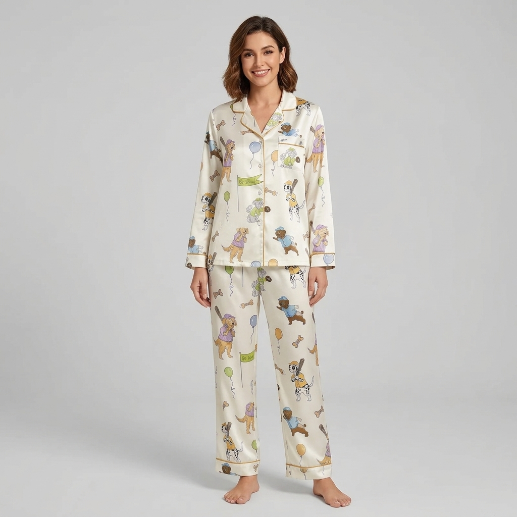 Women's satin pajama set with dogs in caps and jerseys swinging bats on cream - long sleeve and pants