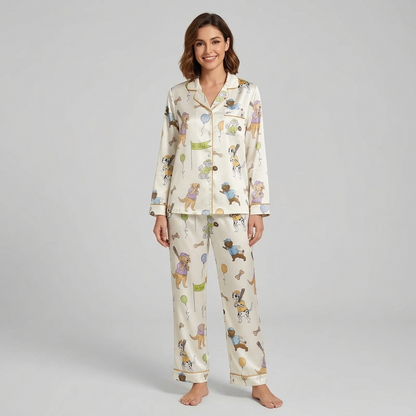Women's satin pajama set with dogs in caps and jerseys swinging bats on cream - long sleeve and pants