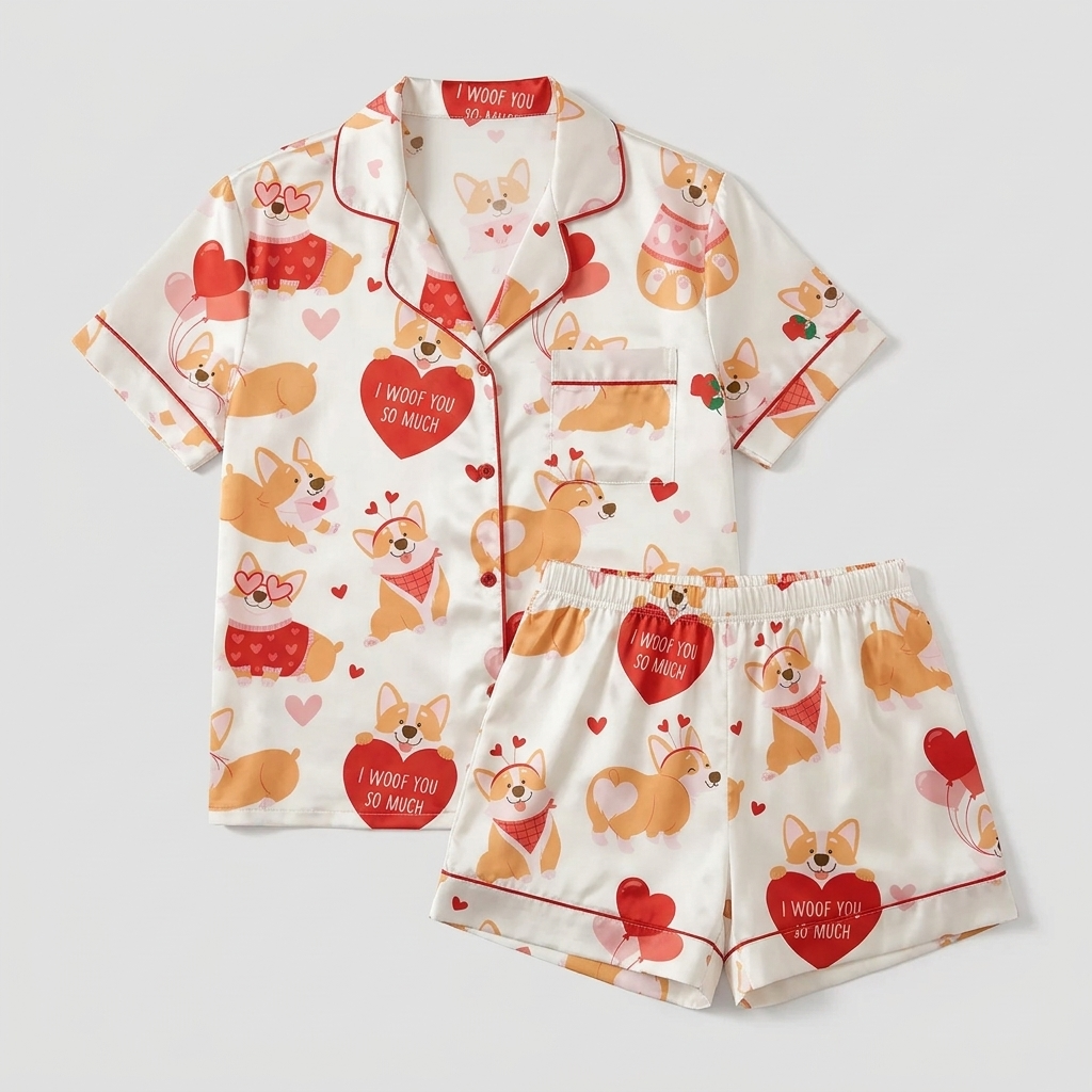 Women's satin pajama set with corgis in heart sunglasses with red hearts on white - flat lay