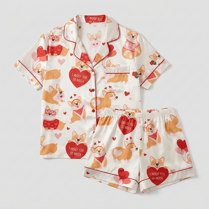 Women's satin pajama set with corgis in heart sunglasses with red hearts on white - flat lay