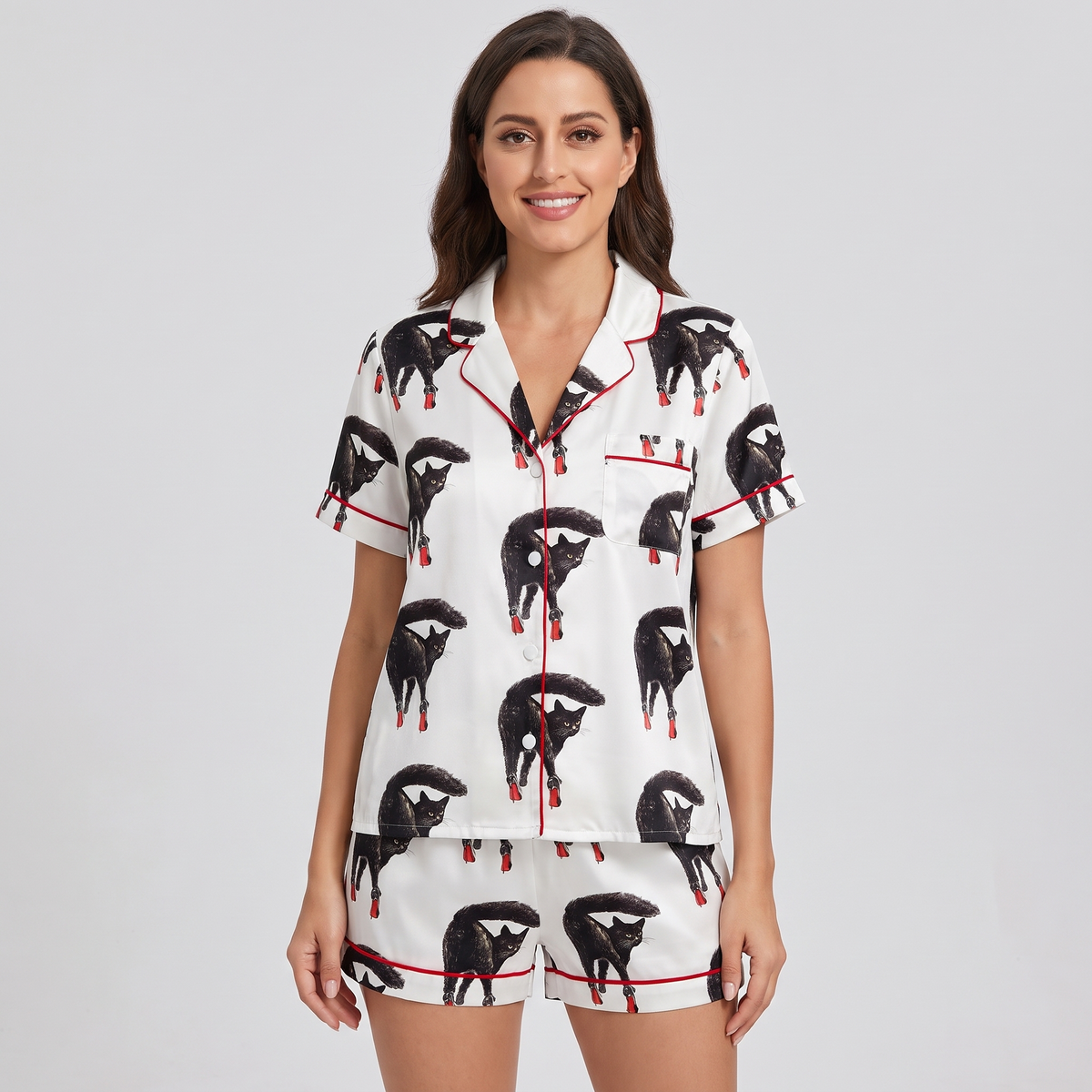 High Heel Black Cats Women's Pajama Set - short sleeve and shorts