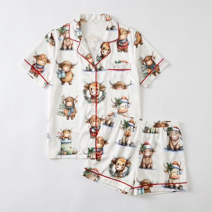 Highland Cow Christmas Women's Pajama Set - flat lay