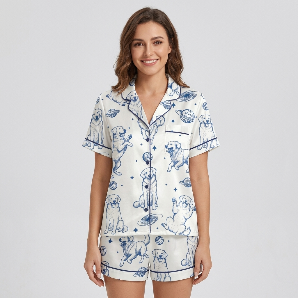 Women's satin pajama set with blue-sketched golden retrievers with ringed planets and stars on white - short sleeve and shorts
