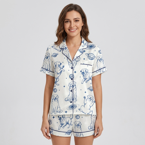 Women's satin pajama set with blue-sketched golden retrievers with ringed planets and stars on white - short sleeve and shorts