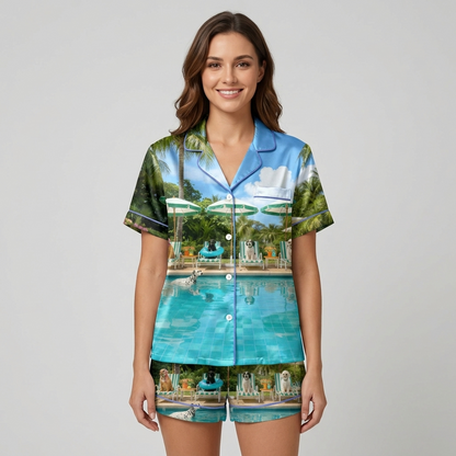 Women's satin pajama set with dogs on loungers under umbrellas by a turquoise pool with palm trees on light blue - short sleeve and shorts