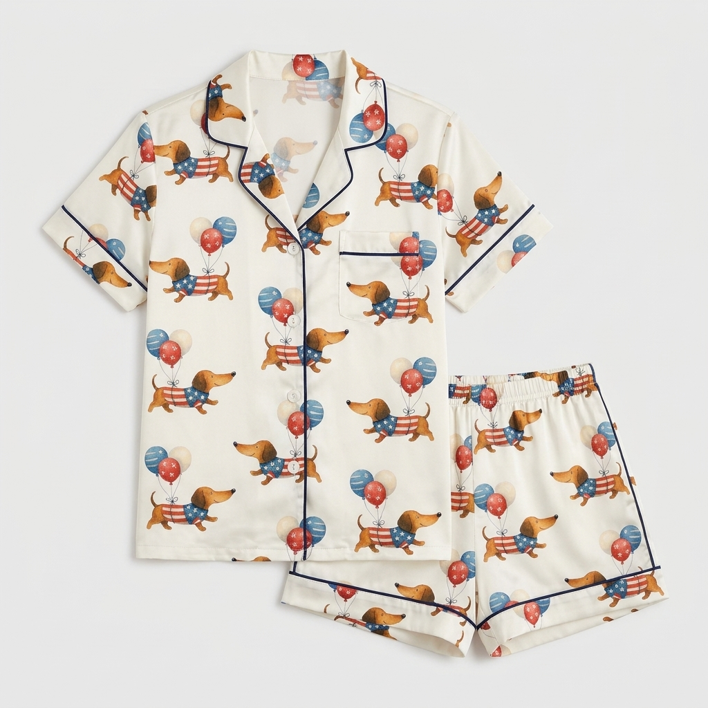 Women's satin pajama set with flag-print dachshunds among red, white and blue balloons on white - flat lay