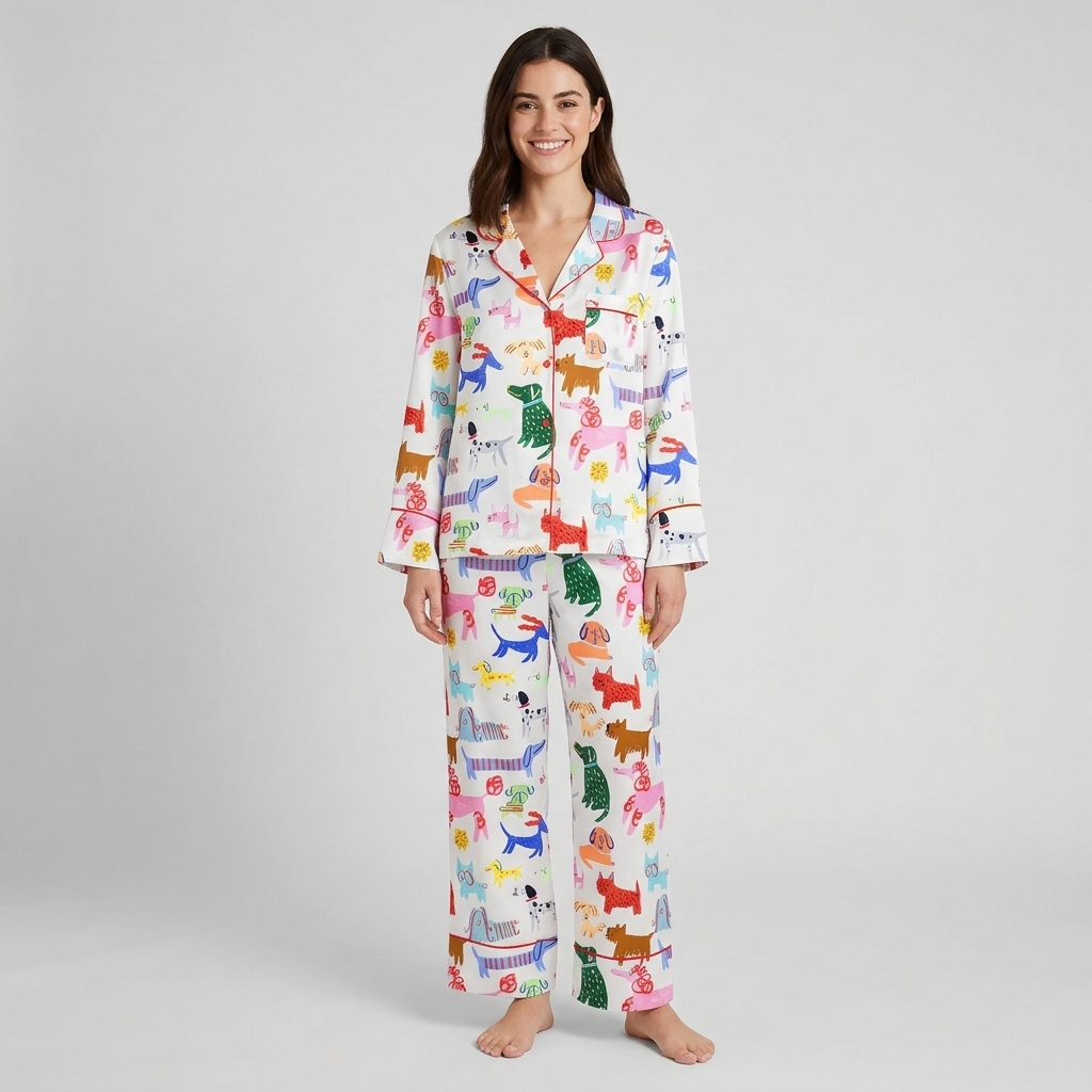 Women's long-sleeve satin pajama set with playful dogs in blue, pink, green and orange on white - long sleeve and pants