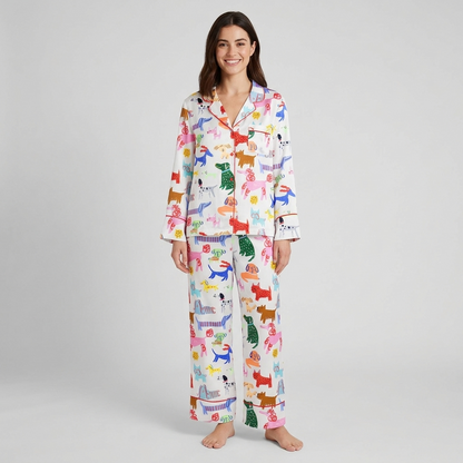 Women's long-sleeve satin pajama set with playful dogs in blue, pink, green and orange on white - long sleeve and pants