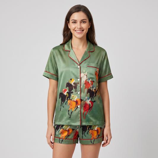 Painted Jockeys Green Race Horse Women's Pajama Set - short sleeve and shorts