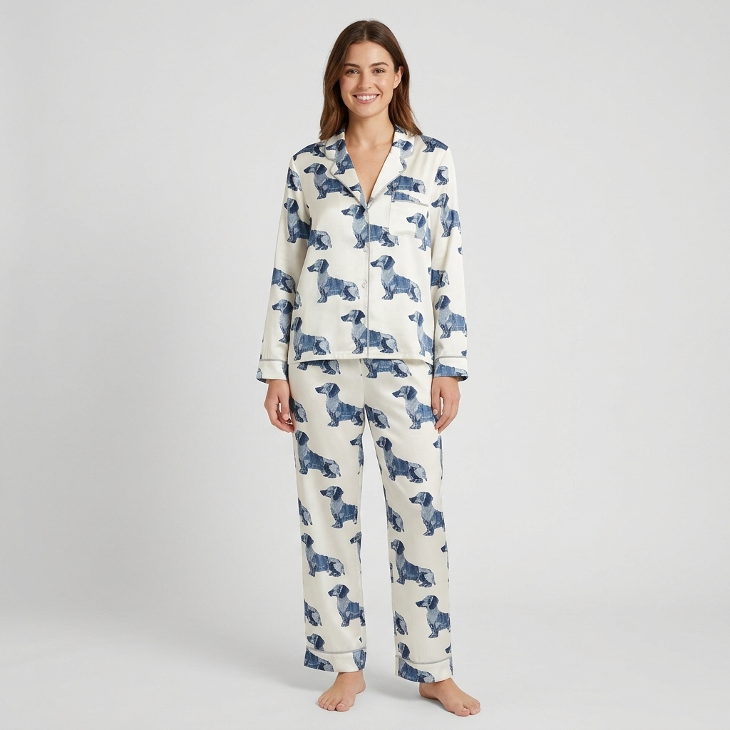 Women's satin pajama set with navy patchwork-style dachshunds in rows on white - long sleeve and pants