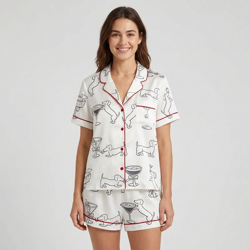 Women's satin pajama set with black-ink dachshunds clinking glasses in martini coupes on white with red trim - short sleeve and shorts