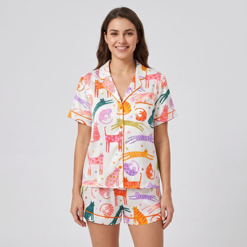 Scribble Cats Women's Pajama Set - short sleeve and shorts