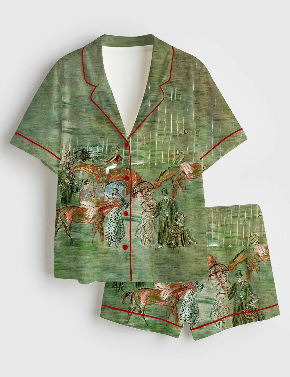 Sage Racecourse Impressionist Horses Women's Pajama Set - flat lay