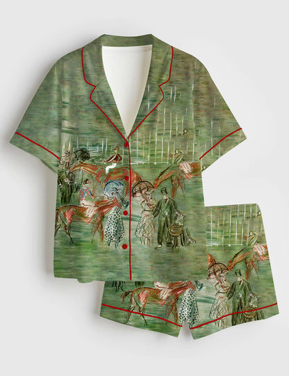 Sage Racecourse Impressionist Horses Women's Pajama Set - flat lay