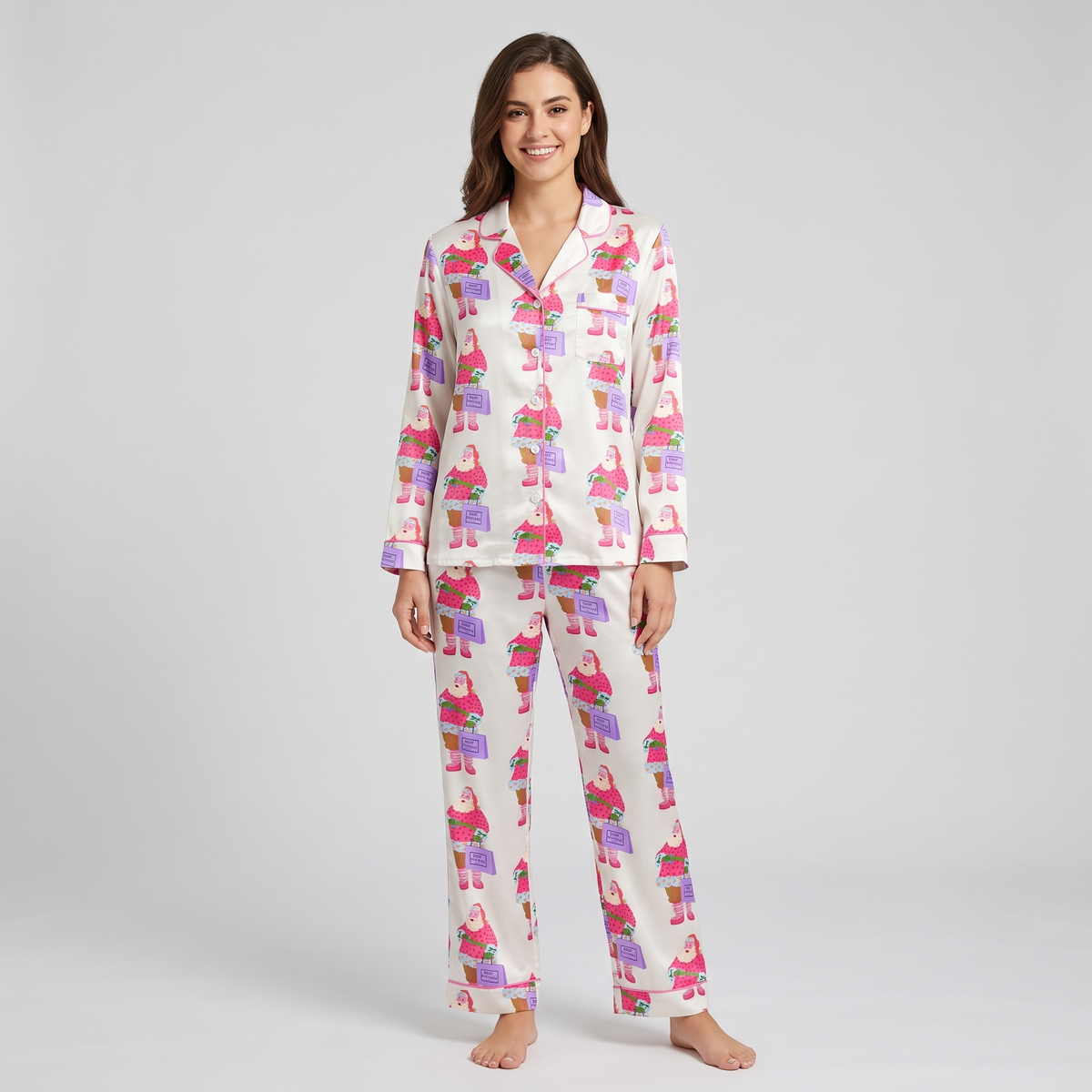 Pink Santa Shopping Spree Women's Pajama Set - long sleeve and pants