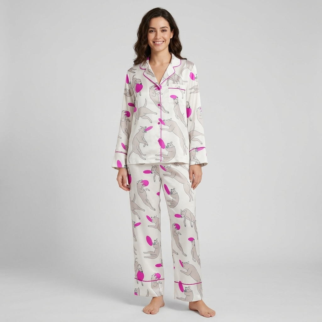 Women's satin pajama set with long-limbed gray dogs leaping for hot pink flying discs on white - long sleeve and pants