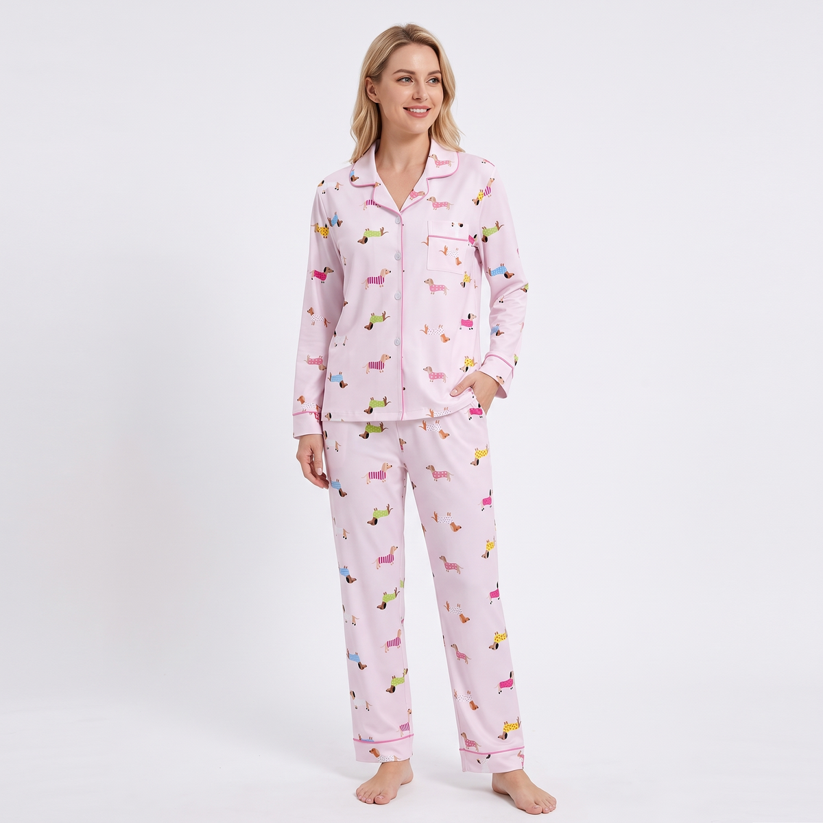 Sweater Weather Dachshunds Women's Pajama Set - Pink - long sleeve and pants