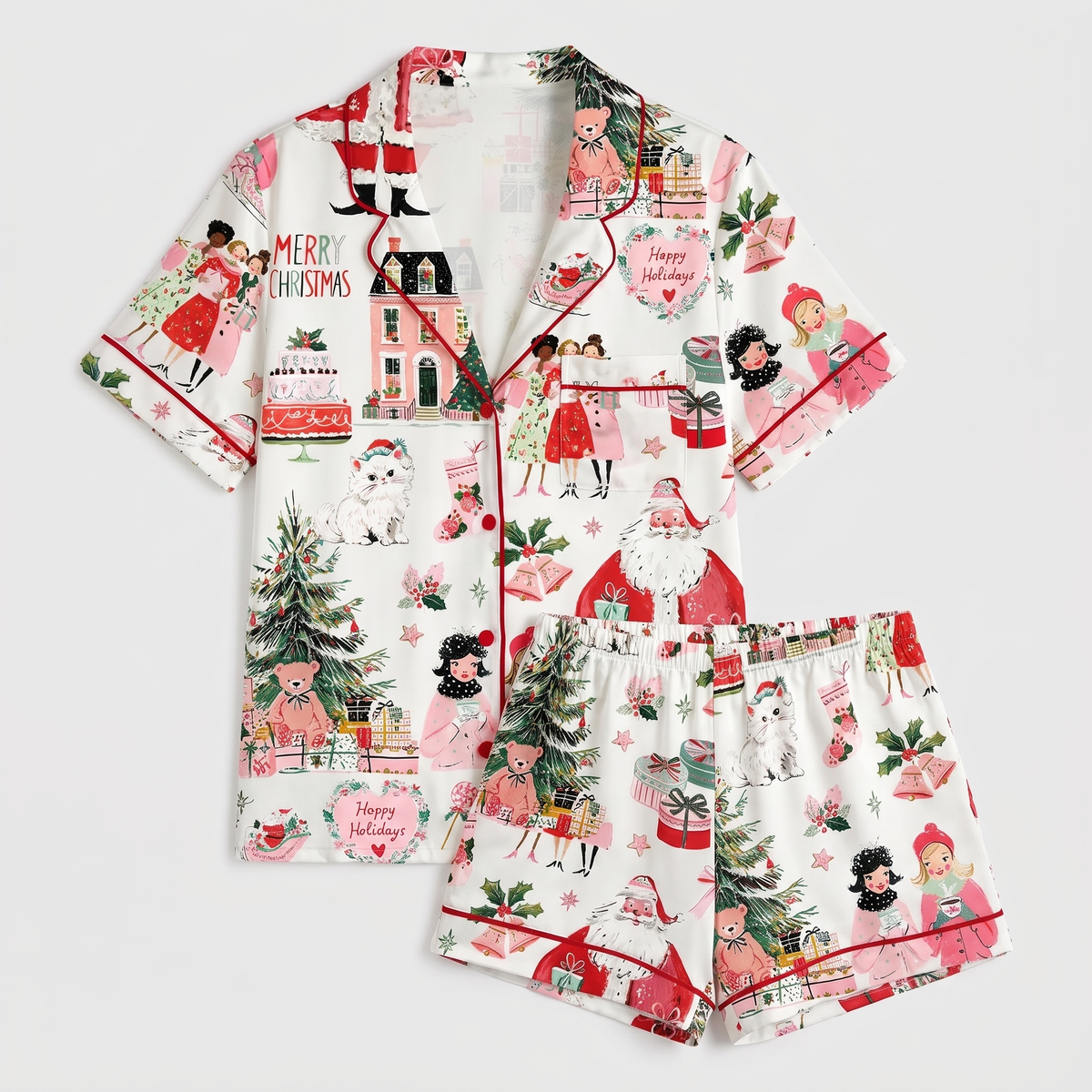 Pink Christmas Town Women's Pajama Set - flat lay