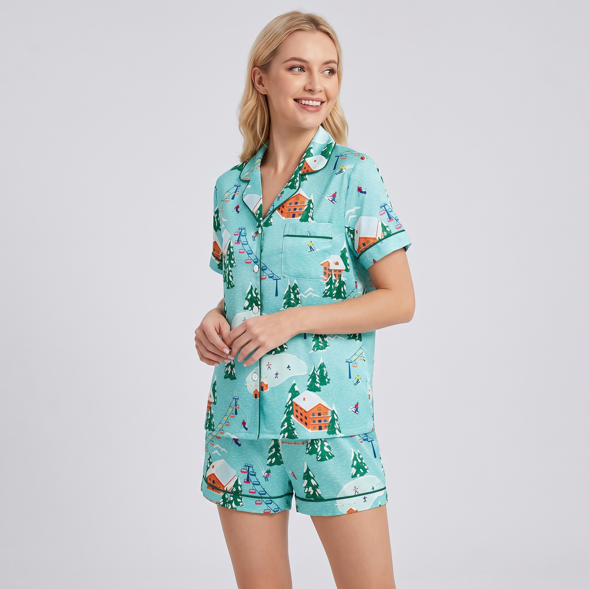 Ski Lodge Village Women's Pajama Set - short sleeve and shorts