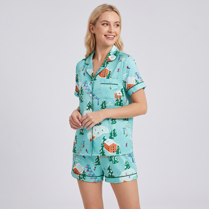 Ski Lodge Village Women's Pajama Set - short sleeve and shorts