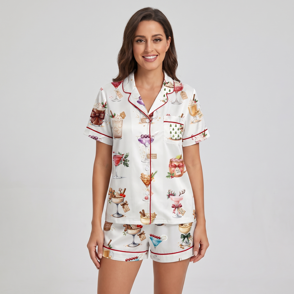 Christmas Cocktail Glasses Women's Pajama Set - short sleeve and shorts