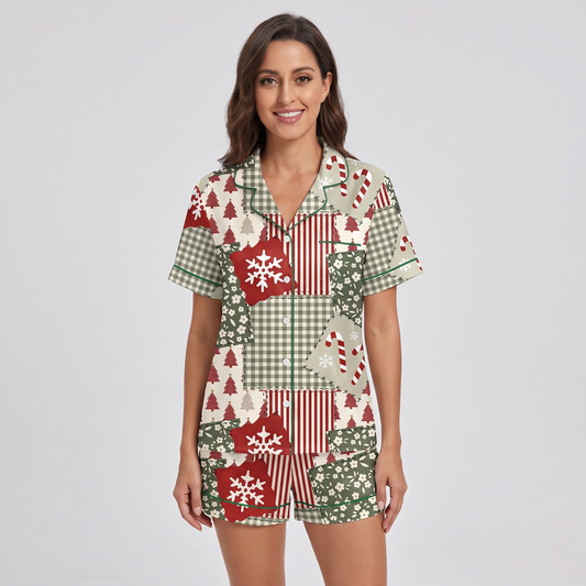 Red & Green Patchwork Women's Pajama Set - short sleeve and shorts