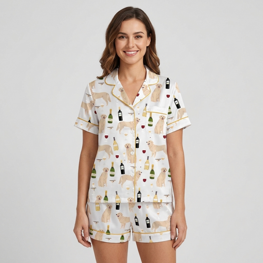 Women's long-sleeve satin pajama set with pale golden retrievers, wine bottles and glasses on white with gold trim - short sleeve and shorts