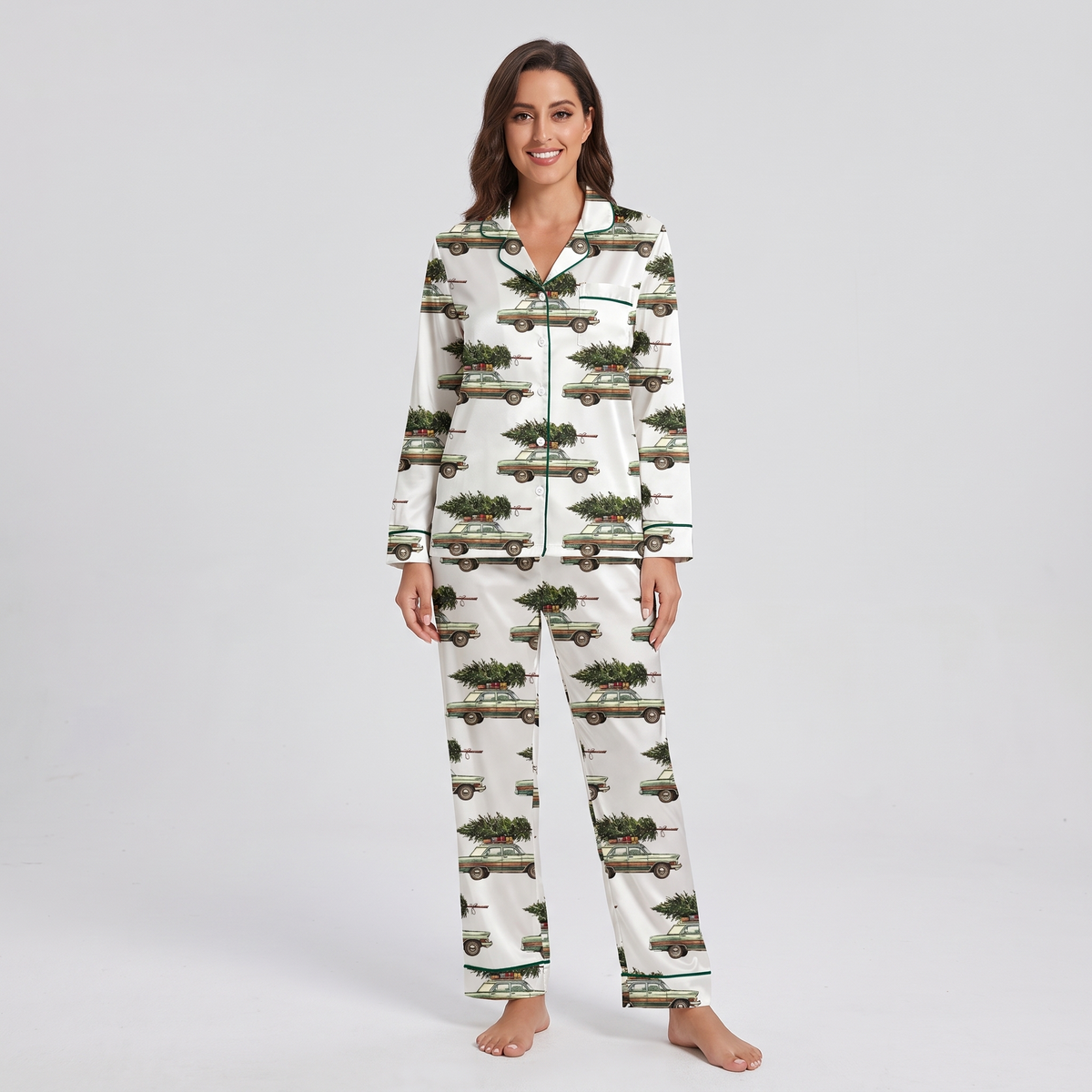 Tree Farm Station Wagon Women's Pajama Set - long sleeve and pants