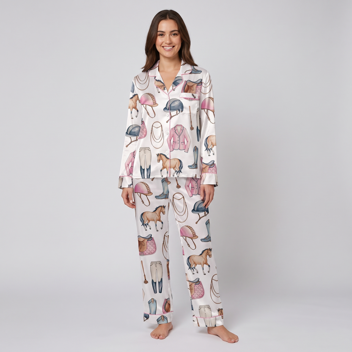 Pearls and Pink Helmets Horse Women's Pajama Set - long sleeve and pants