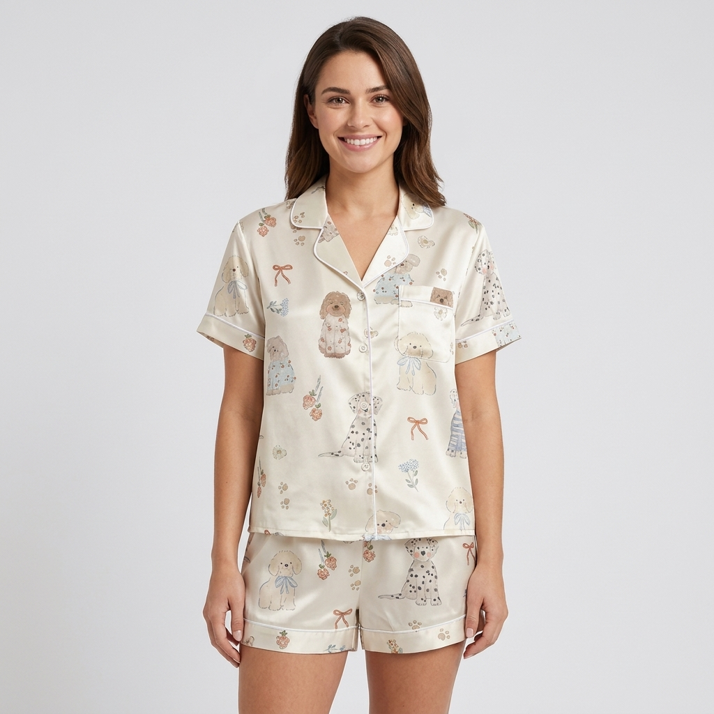 Women's satin pajama set with puppies in striped sweaters with red bows, blossoms and strawberries on champagne ivory - short sleeve and shorts
