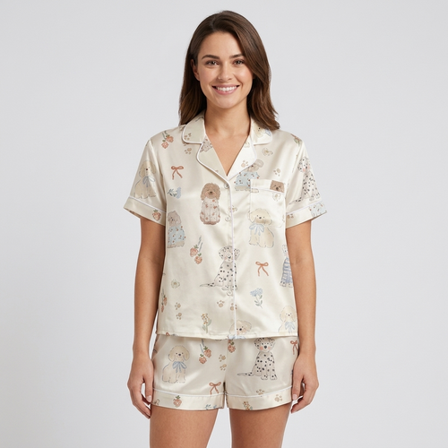 Women's satin pajama set with puppies in striped sweaters with red bows, blossoms and strawberries on champagne ivory - short sleeve and shorts